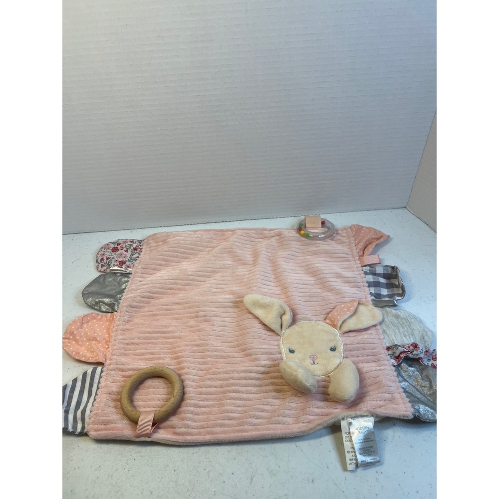 Modern Baby Pink Bunny Sensory Lovey Security Blanket Wood Teether Tags 3391